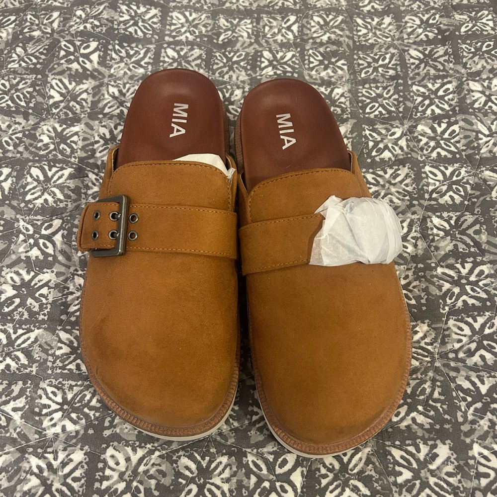 MIA Tan Buckle Slip-Ons
